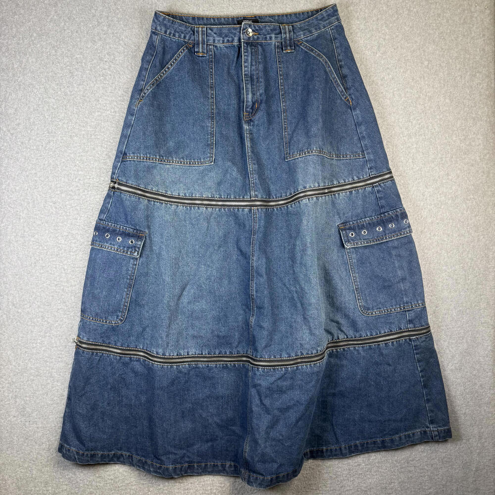 Social Collision Women's XL Denim Cargo Zip off Midi Skirt Blue A line Y2K punk